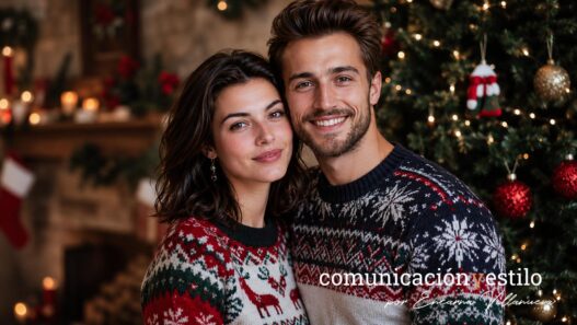 pareja con jerséis navideños